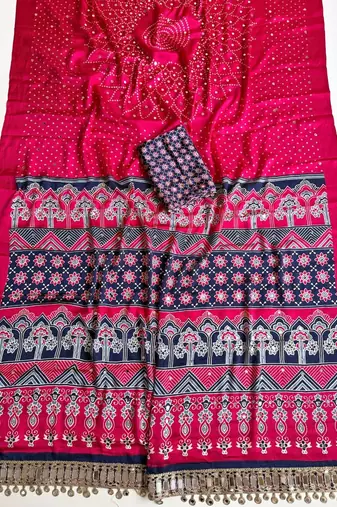 Rani Pink Color Printed And Mirror Work Silk Blend Saree