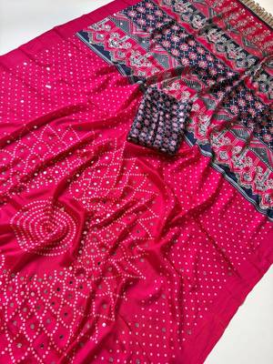 Rani Pink Color Printed And Mirror Work Silk Blend Saree 3