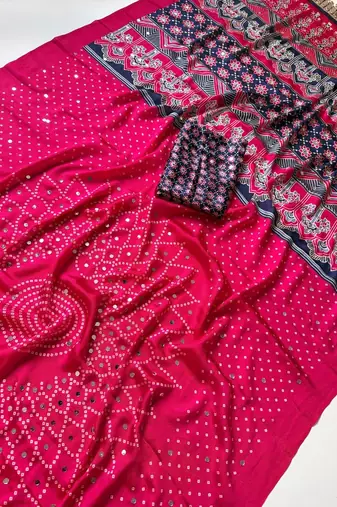 Rani Pink Color Printed And Mirror Work Silk Blend Saree