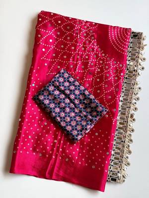 Rani Pink Color Printed And Mirror Work Silk Blend Saree 4