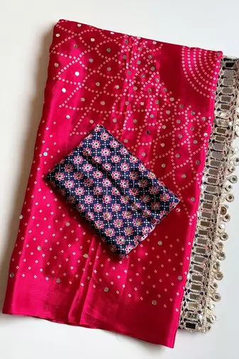 Rani Pink Color Printed And Mirror Work Silk Blend Saree
