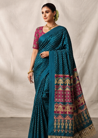 Teal Color Printed And Mirror Work Silk Blend Saree