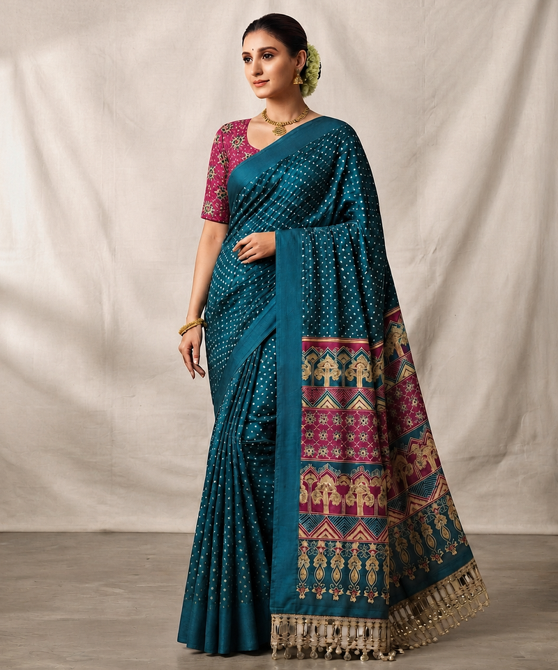 Teal Color Printed And Mirror Work Silk Blend Saree