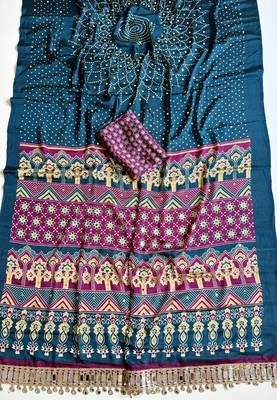 Teal Color Printed And Mirror Work Silk Blend Saree 2