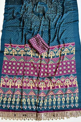 Teal Color Printed And Mirror Work Silk Blend Saree