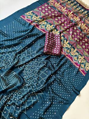 Teal Color Printed And Mirror Work Silk Blend Saree 3