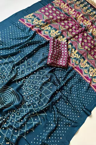 Teal Color Printed And Mirror Work Silk Blend Saree