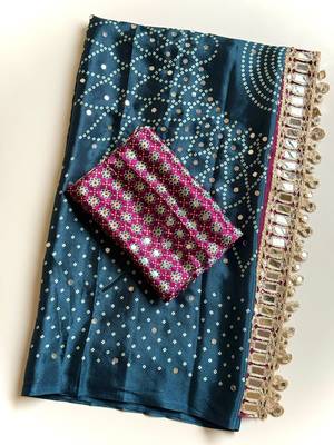 Teal Color Printed And Mirror Work Silk Blend Saree 4