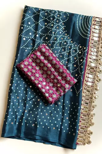 Teal Color Printed And Mirror Work Silk Blend Saree