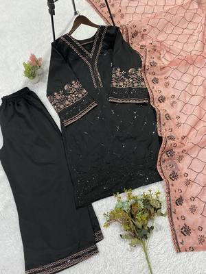 peach color sequence embroidery work silk blend salwar suit 3