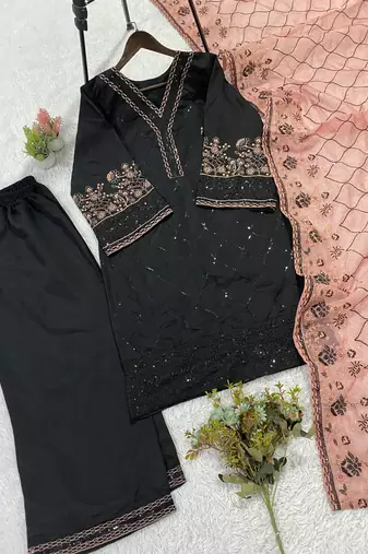 peach color sequence embroidery work silk blend salwar suit