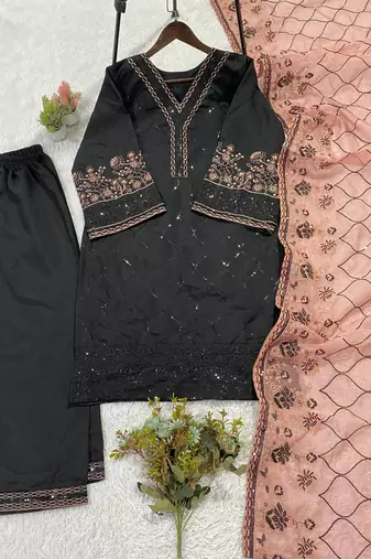 peach color sequence embroidery work silk blend salwar suit