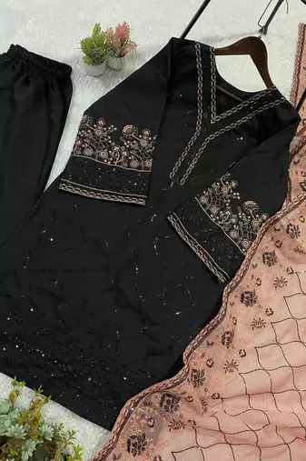 peach color sequence embroidery work silk blend salwar suit