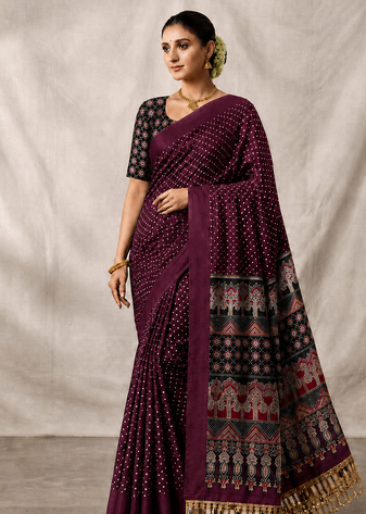 Wine Color Printed And Mirror Work Silk Blend Saree