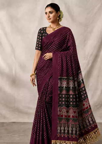 Wine Color Printed And Mirror Work Silk Blend Saree