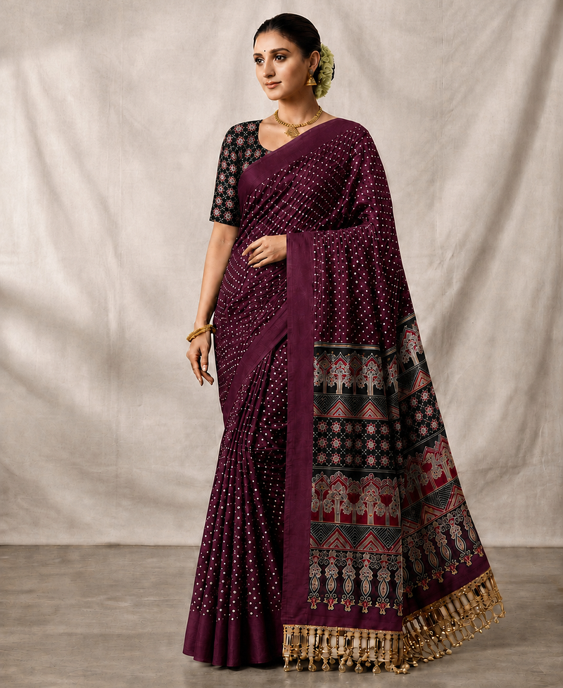 Wine Color Printed And Mirror Work Silk Blend Saree