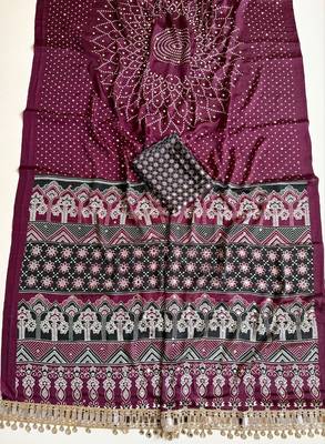 Wine Color Printed And Mirror Work Silk Blend Saree 2