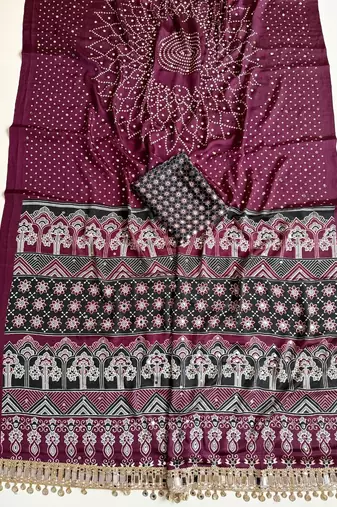 Wine Color Printed And Mirror Work Silk Blend Saree