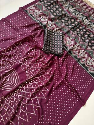 Wine Color Printed And Mirror Work Silk Blend Saree 3