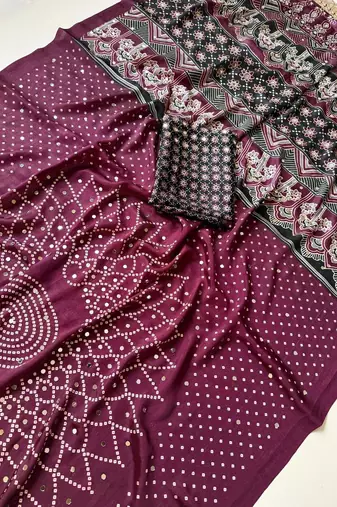 Wine Color Printed And Mirror Work Silk Blend Saree