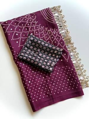 Wine Color Printed And Mirror Work Silk Blend Saree 4