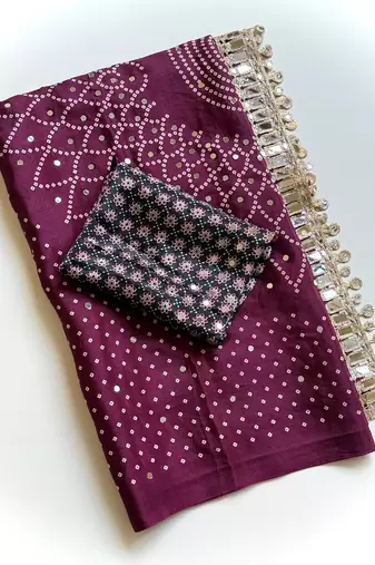 Wine Color Printed And Mirror Work Silk Blend Saree