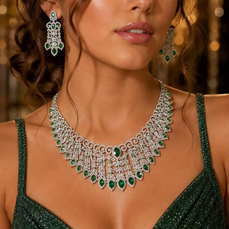 Emerald Green Teardrop Bridal Jewelry Set: Victorian Choker Necklace, Dangle Earrings