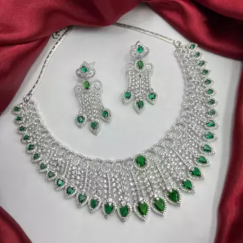 Emerald Green Teardrop Bridal Jewelry Set: Victorian Choker Necklace, Dangle Earrings 2