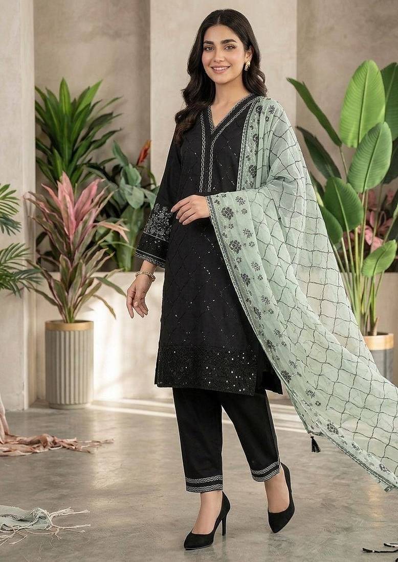 light green color sequence embroidery work silk blend salwar suit