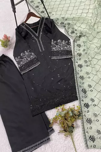 light green color sequence embroidery work silk blend salwar suit