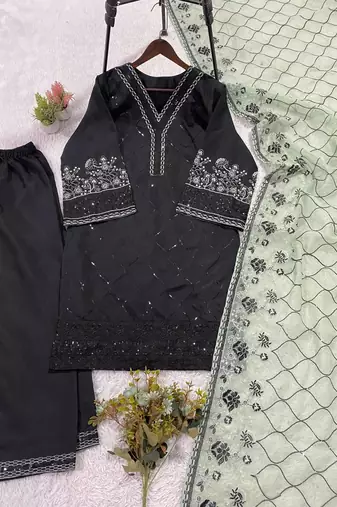 light green color sequence embroidery work silk blend salwar suit