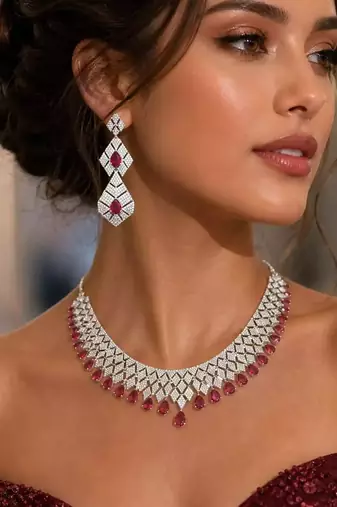 Ruby Red Pear Cut CZ Bridal Jewelry Set, Silver Plated Wedding Necklace Earrings