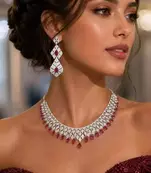 Ruby Red Pear Cut CZ Bridal Jewelry Set, Silver Plated Wedding Necklace Earrings