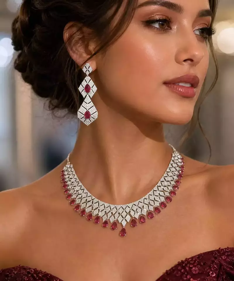 Ruby Red Pear Cut CZ Bridal Jewelry Set, Silver Plated Wedding Necklace Earrings