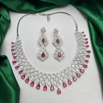 Ruby Red Pear Cut CZ Bridal Jewelry Set, Silver Plated Wedding Necklace Earrings 2