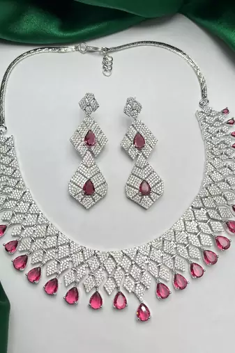 Ruby Red Pear Cut CZ Bridal Jewelry Set, Silver Plated Wedding Necklace Earrings