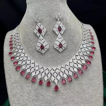Ruby Red Pear Cut CZ Bridal Jewelry Set, Silver Plated Wedding Necklace Earrings 3