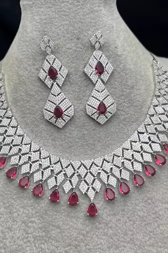 Ruby Red Pear Cut CZ Bridal Jewelry Set, Silver Plated Wedding Necklace Earrings