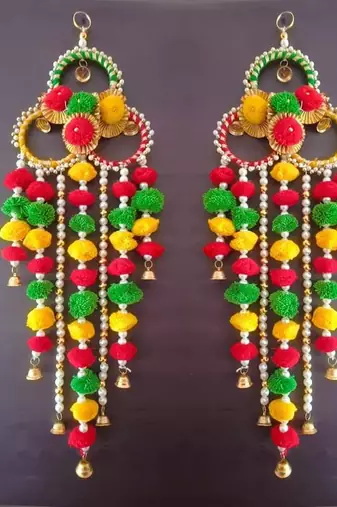 handmade multicolour pom pom moti chudi metal bell hanging festive decor (pack of 2)