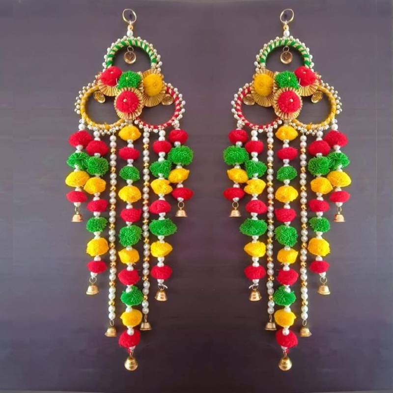 handmade multicolour pom pom moti chudi metal bell hanging festive decor (pack of 2)