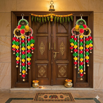 handmade multicolour pom pom moti chudi metal bell hanging festive decor (pack of 2) 2