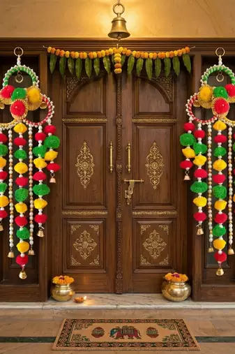 handmade multicolour pom pom moti chudi metal bell hanging festive decor (pack of 2)