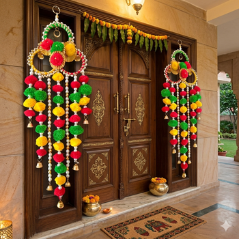 handmade multicolour pom pom moti chudi metal bell hanging festive decor (pack of 2) 3