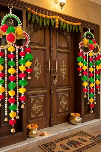 handmade multicolour pom pom moti chudi metal bell hanging festive decor (pack of 2)
