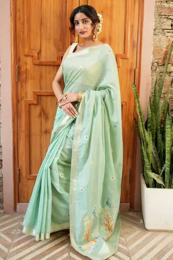 chitra handloom cotton blend saree with zari motifs & pallu pista green