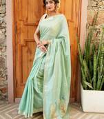 chitra handloom cotton blend saree with zari motifs & pallu pista green
