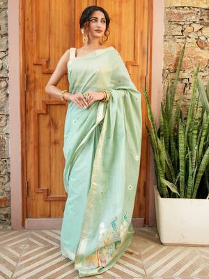 chitra handloom cotton blend saree with zari motifs & pallu pista green 2