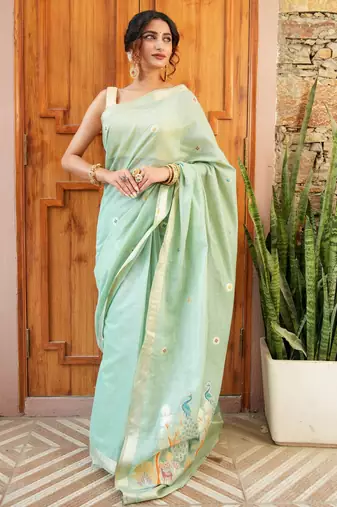 chitra handloom cotton blend saree with zari motifs & pallu pista green