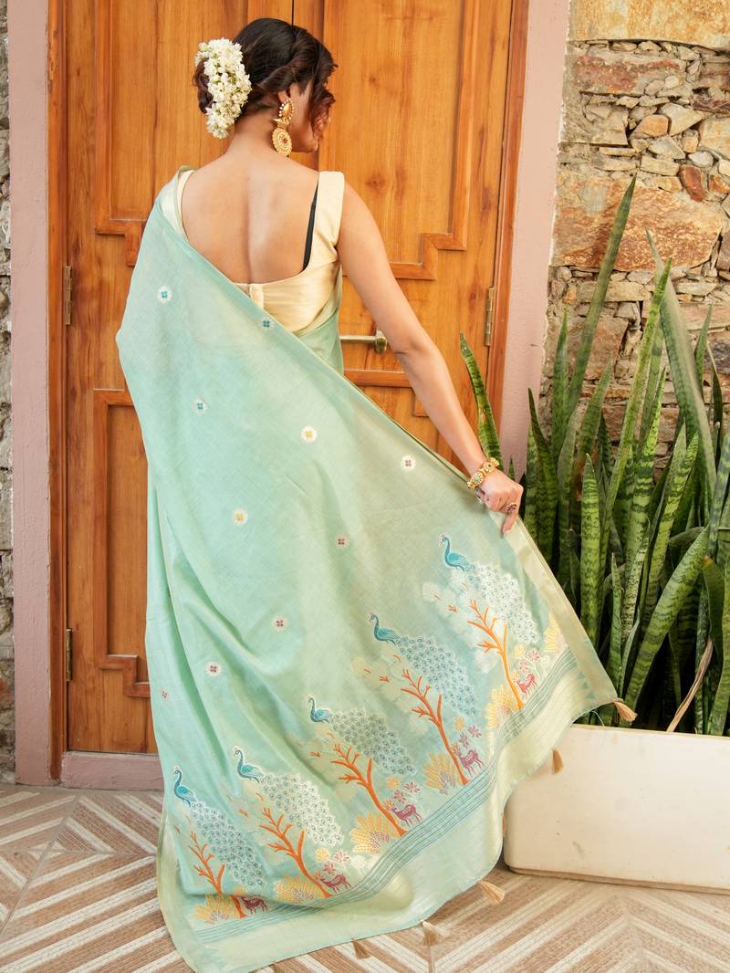 chitra handloom cotton blend saree with zari motifs & pallu pista green