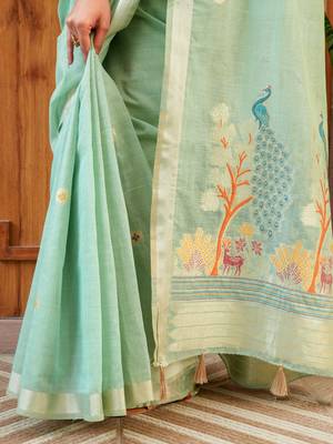 chitra handloom cotton blend saree with zari motifs & pallu pista green 5